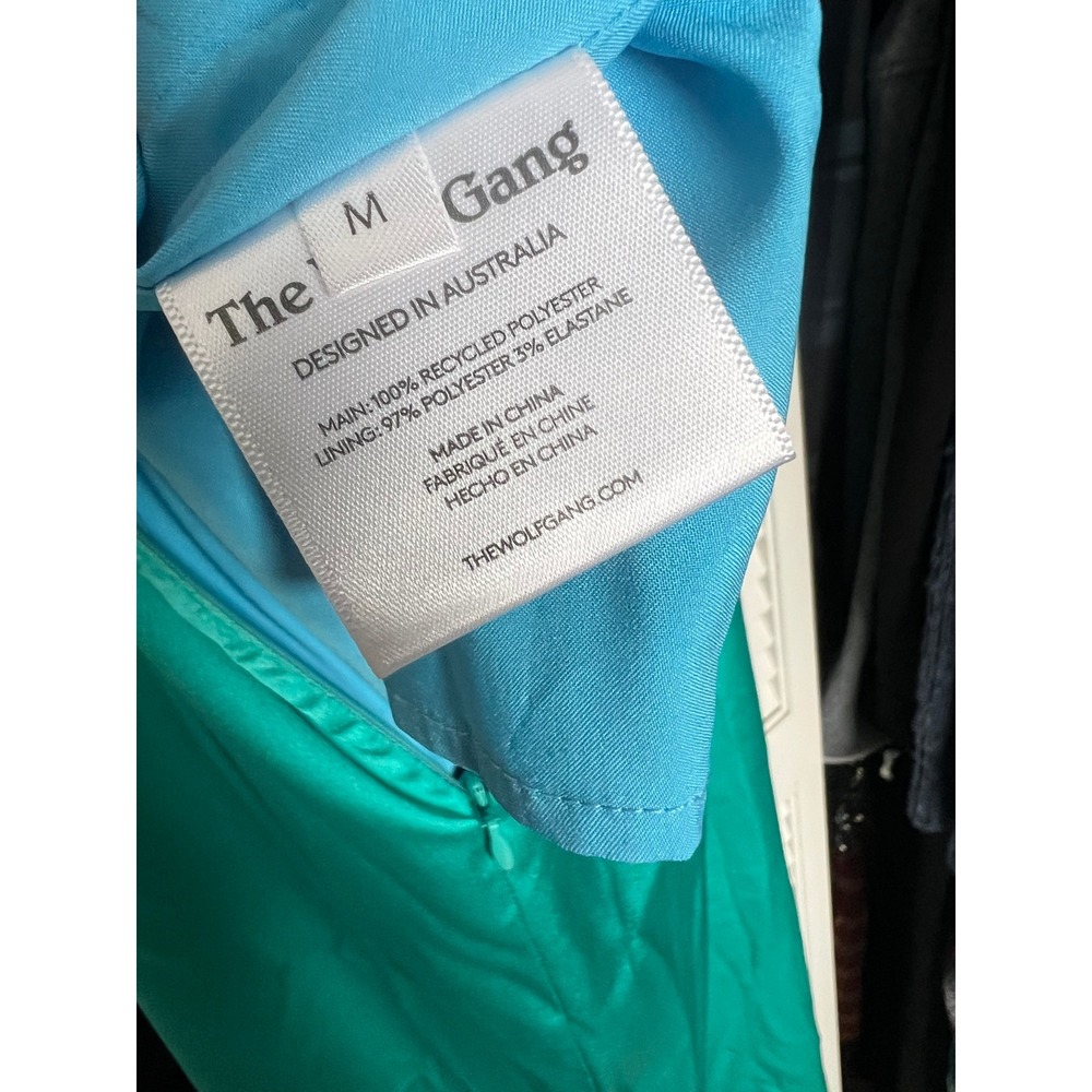The Wolf Gang Oahu Satin Slip Dress Size Medium Halter Plunge Blue Green Maxi - Picture 7 of 11
